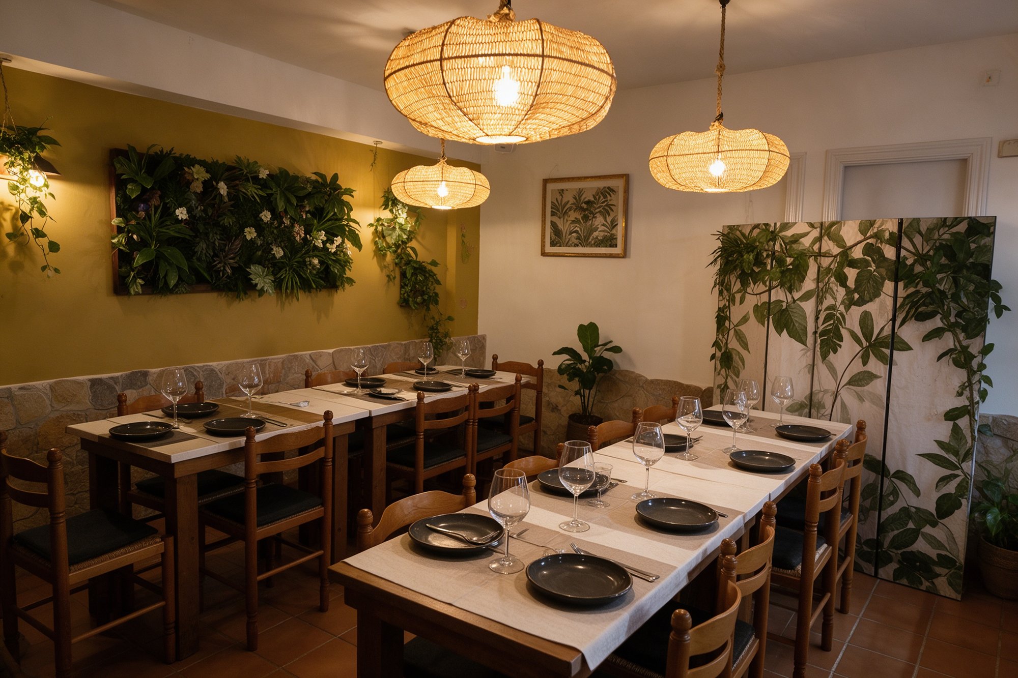 Comedor cálido de gastrobar con lámparas de ratán, paredes amarillas y mesas bien puestas