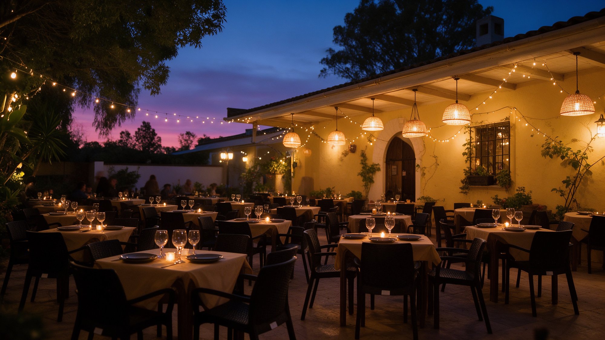 Patio andaluz al anochecer con guirnaldas de luces, arco de madera y mesas con velas
