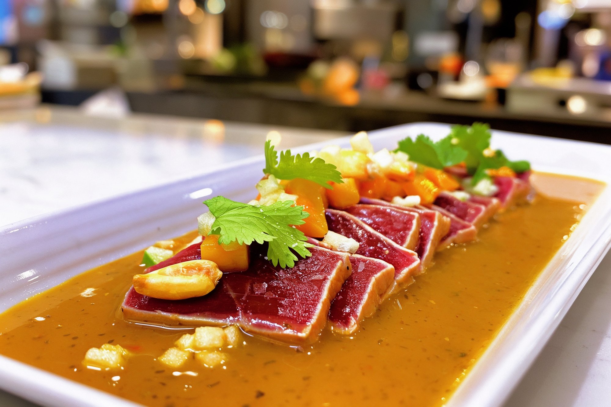 Láminas de atún rojo en salsa cítrico-amarilla con cilantro y cacahuete en plato blanco