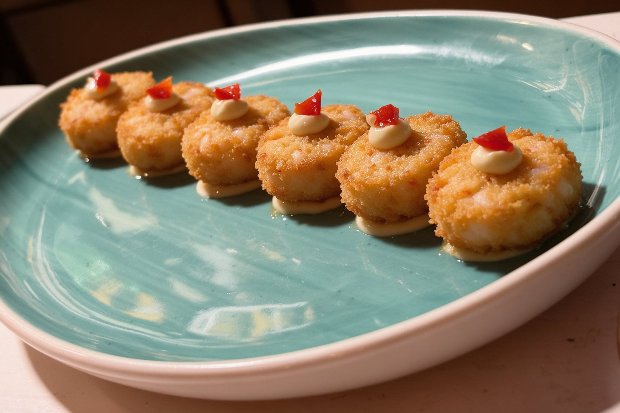 Croquetas doradas caseras sobre plato turquesa con aioli y pimiento rojo