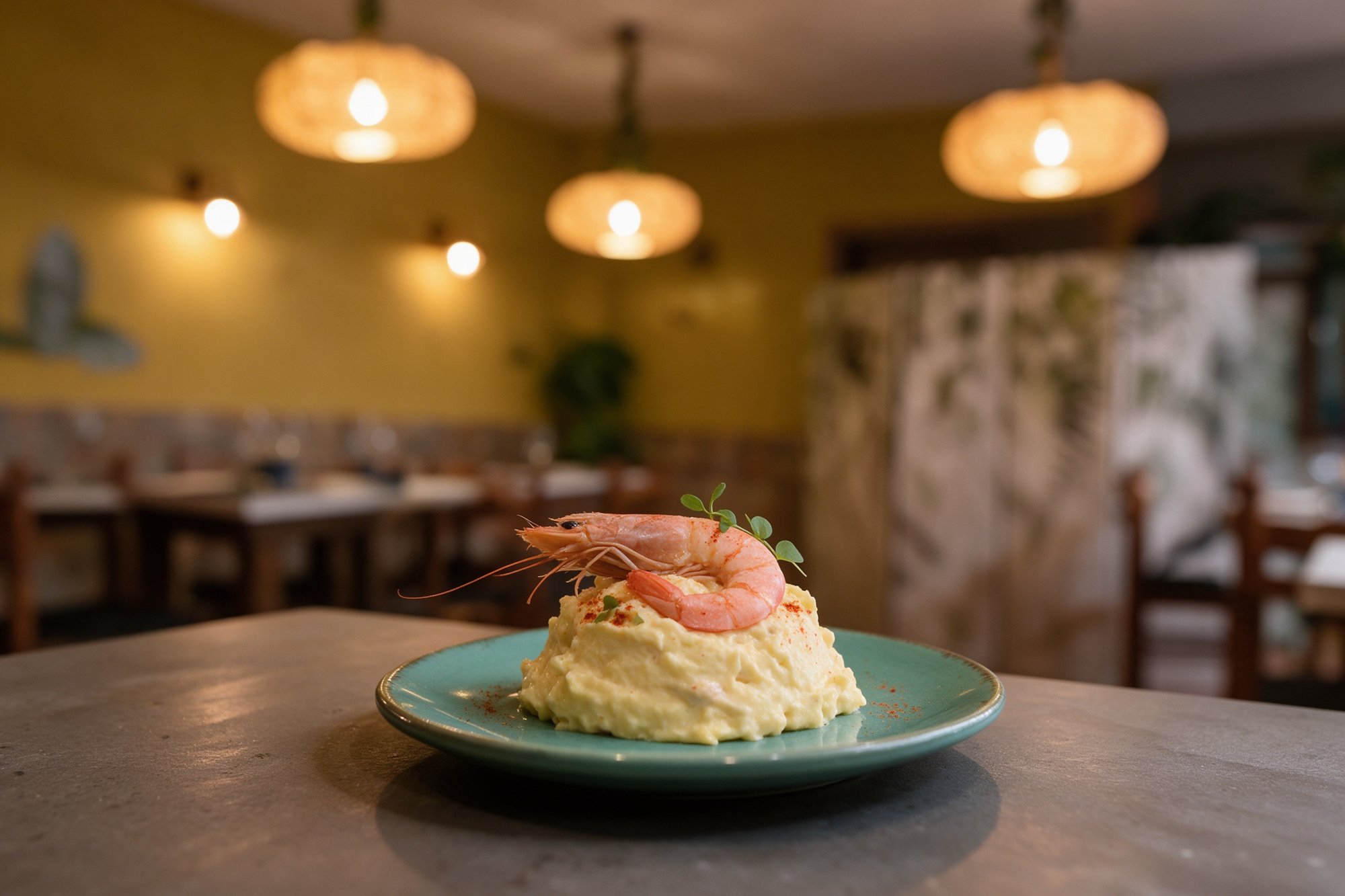 Ensaladilla rusa cremosa coronada con langostino en plato turquesa