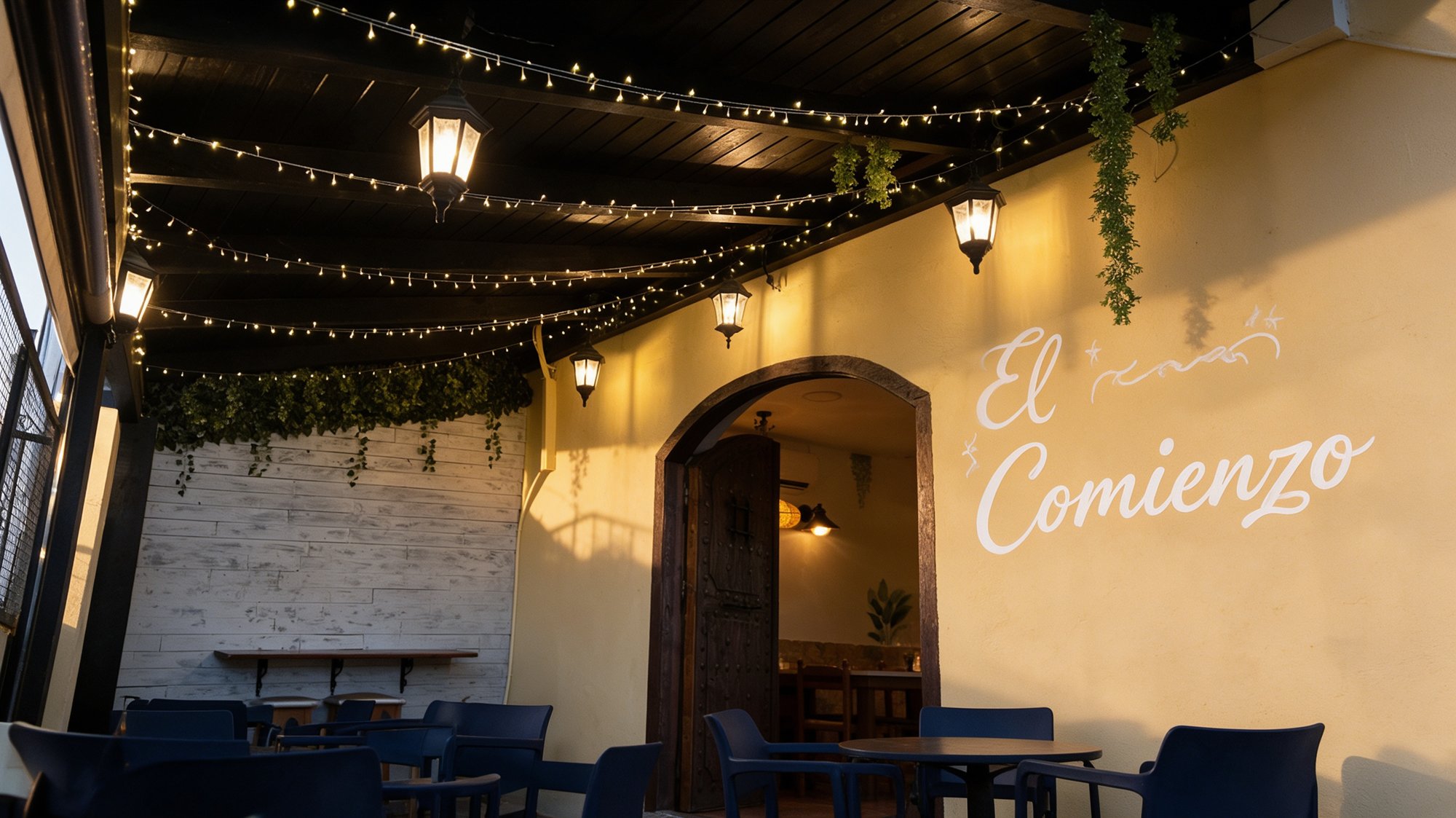 Patio andaluz de gastrobar con paredes amarillas, arco de madera, guirnaldas de luces y rótulo El Comienzo